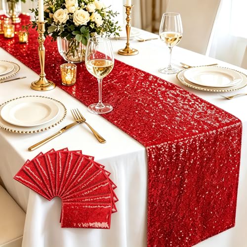 ShinyBeauty 15 Pack Red Sequin Table Runners 12x108 Inch for Party Decor