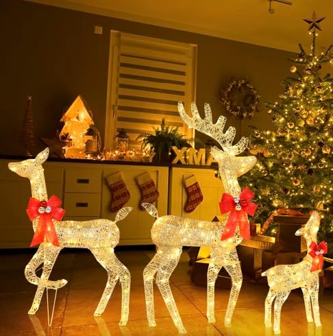 Miniatura 2 de VINGLI Juego familiar de renos de Navidad iluminados, decoraciones al aire libre, 270 luces LED, a prueba de clima, juego de 3 familias de ciervos