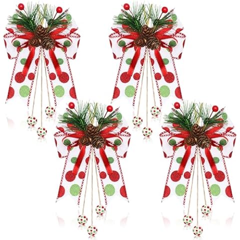 Waydress 4 Pcs Red Green Christmas Bows Decoration 8.66 Inch Large Glitter Dot Christmas Bows with Pine Cones Red Green Ribbons Elf Ornaments for Wreaths Garland Christmas Tree Party(White Red) Cover