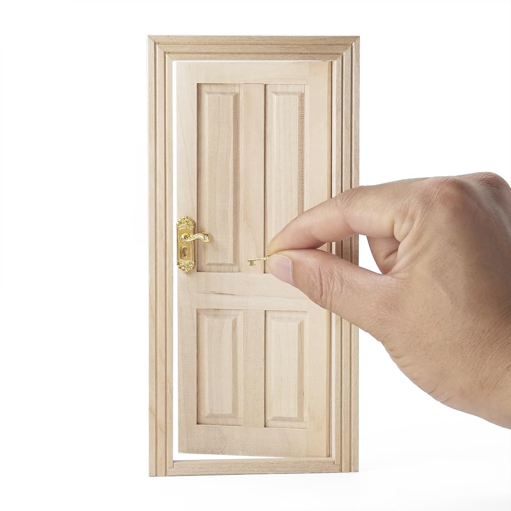 Odoria Dollhouse Front Door Miniature: 1/12 Scale Panel Doors for Elf Fairy Garden Outdoor - Mini Entry Gate Unfinished Wood - Tiny Golden Door Knob Lever Left and Right Handle, Flat Top, Inswing