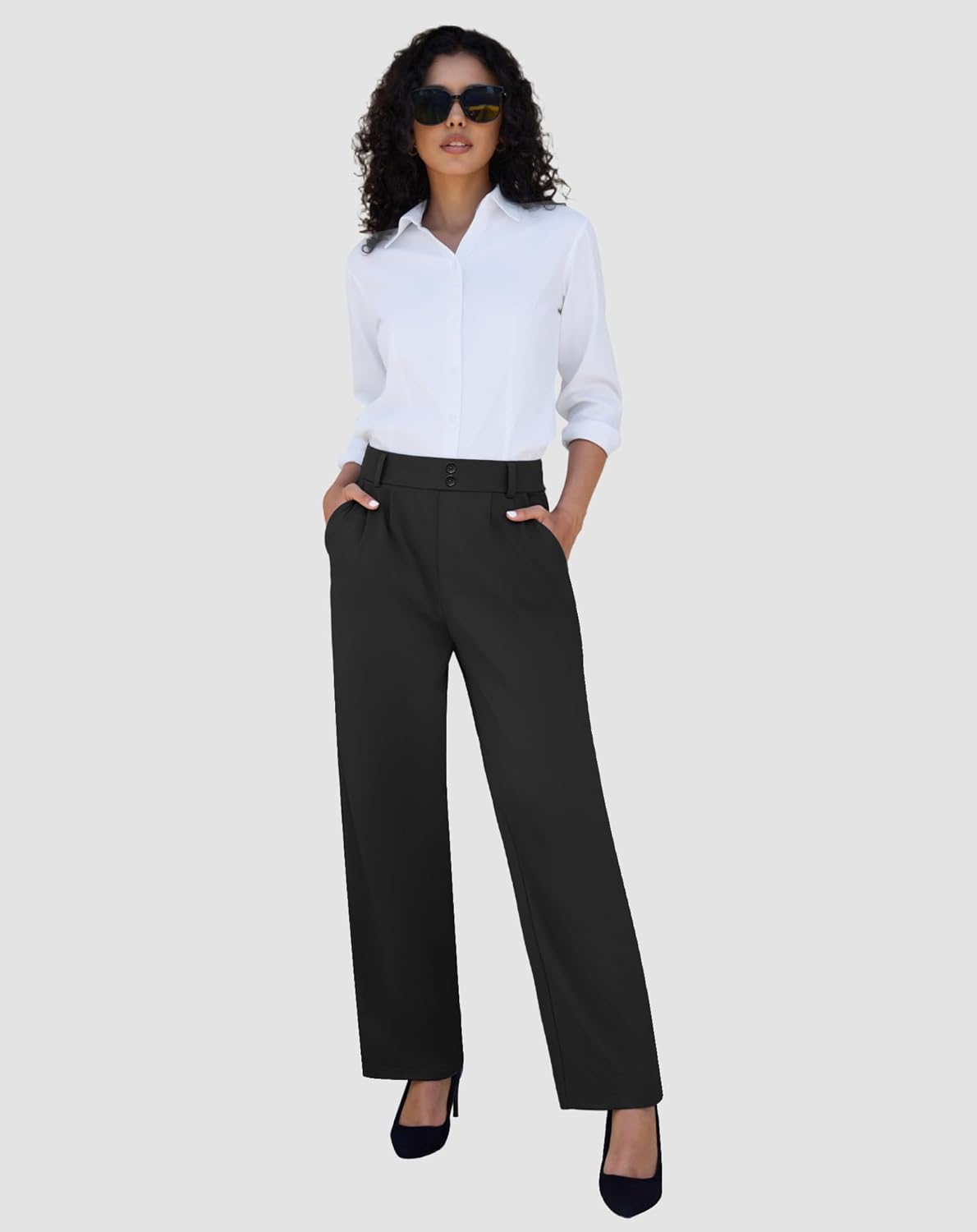 keriffe Womens Stretchy Dress Pants 2 Pockets High Waist Pull On Office Slacks Casual Business Work Wide Leg Pants Trousers - Image 2