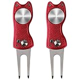 kaveno Golf Divot Repair Tool, Foldable Pop-up Button Stainless Steel Switchblade & Detachable Golf Ball Marker (Red Fish 2 Sets)