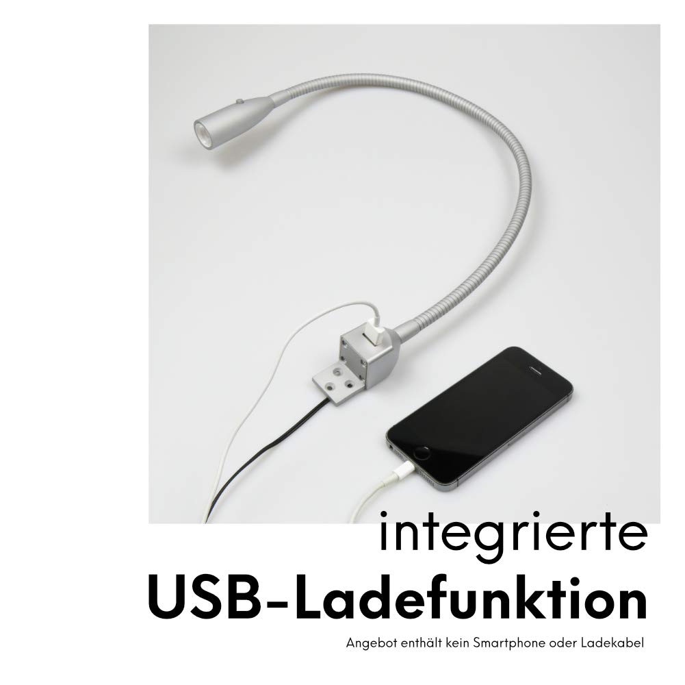 kalb Material für Möbel Flexible LED-Bettleuchte/LED-Leseleuchte mit integrierter USB Ladefunktion alu eloxiert/silbergrau (1er oder 2er Set alu eloxiert), Auswahl:2er Set silbergrau