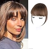 CAUGHTOO Clip in Bangs 100% Human Hair Extensions Natural Flat Neat Bangs Hair Clip in Thick Bangs Fringe with Temples for Women (Medium Brown)