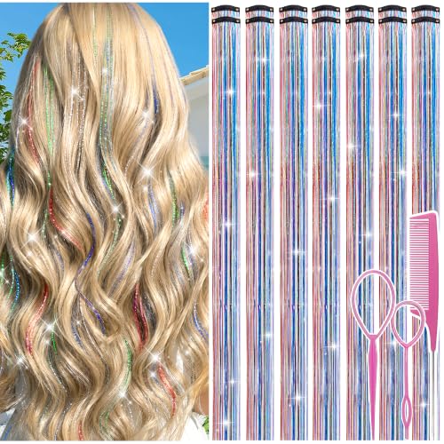 LORIEN Clip in Hair Tinsel 14 Pcs Colorful Glitter Hair Accessories for Women Girls Kids 22 Inch Glitter Extensions for Party Birthday Gifts for Teenage Girls (Dreamy Colorful)