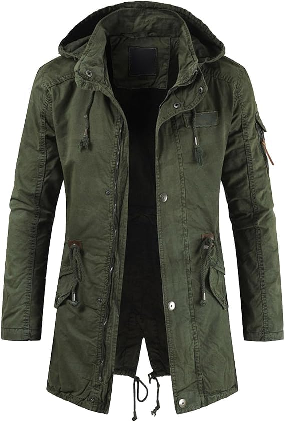 Men Long Back Split Collar Hooded Windbreaker Mid-Long Military Coat Pockets Full-Zip Hood Cotton Parka Jacket Coat (Army Green,3X-Large)