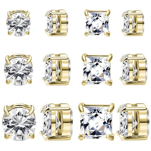 NEWITIN 6 Pairs Stainless Steel Magnetic Stud Earrings for Men Clip on Earring Magnetic Earring Inlaid Cubic Zirconia Unisex Non Piercing Magnet Studs 6 7 8MM Diamond Earrings for Women Men