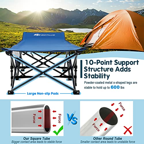 Goplus Folding Camping Cot, 27.5" Sleeping Cot For Adults With Carry Bag, 600Lbs Weight Capacity, Slanted Head, Side Pocket, Heavy Duty Portable Camping Bed For Kids, Beach, Office Snap (Blue) #TOP2