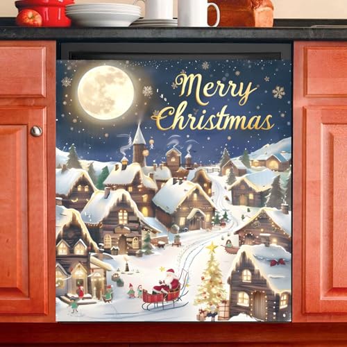 Christmas Night Scene Print Dishwasher Magnet Cover Sticker Panel Decal Refrigerator Magnetic Decorative