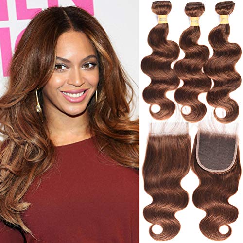 WOME Brazilian Virgin Human Hair Bundles with 4x4 Lace Closure Medium Brown Hair Weaves with Free Part Closure 8A Body Wave Hair Extensions (12 14 16 +12 Closure)