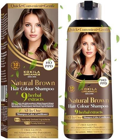 Kokila NO PPD Shampoo Natural Brown Hair Colour 400ml for Women and Men, Natural Extracts, Colours Hair in 10 Minutes | Ammonia Free, Paraben Free - 10 Pair Free Gloves