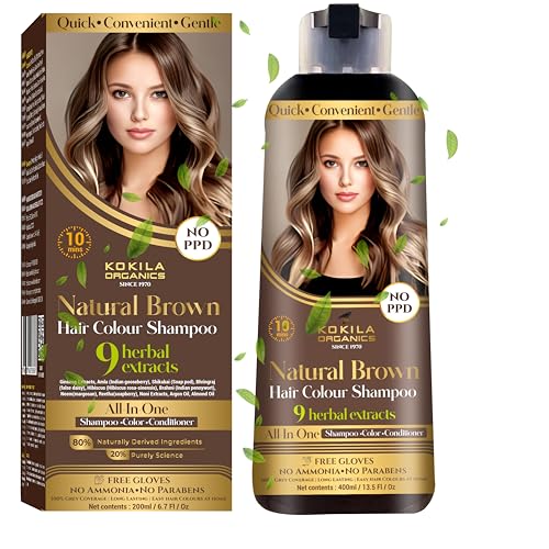 Kokila Shampoo Hair Colour - Natural Brown 400ml for Women and Men - Natural Extracts - Colours Hair in Minutes - Ammonia Free, Paraben Free - 10 Pair Free Gloves