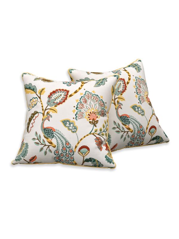 Image of Pure Cotton Quilted Cushion Cover 16x16 Inch | Anokhi Print Decorative Throw Pillow Cover | Soft Cotton Sofa Cushion Cover with Hidden Zipper | Living Room Bedroom Home Decor