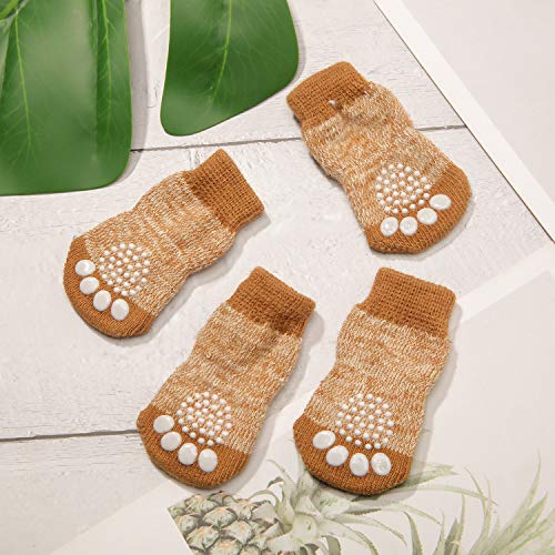 Frienda 8 Pieces Anti-Slip Dog Socks Non Skid Knit Dogs Socks Rubber Sole Traction Control Pet Paw Protectors for Pet Indoor Wear with 78 Inch Hook and Loop