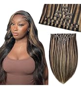 FBLhair 14 inch Seamless Clip in Hair Extensions Human Hair #1B/27 Honey Blonde Highlight Extensi...