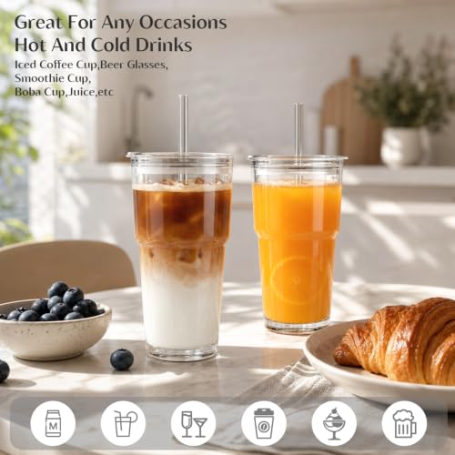 INSETLAN 20oz Clear Glass Cup with Lid and Glass Straw, Set of 2 Thickened Glass Coffee Tumblers, Drinking Glasses with Straw for Smoothie, Tea, Milk, Whiskey, Water and More – Elegant & Durable by INSETLAN - Used condition - Image 2