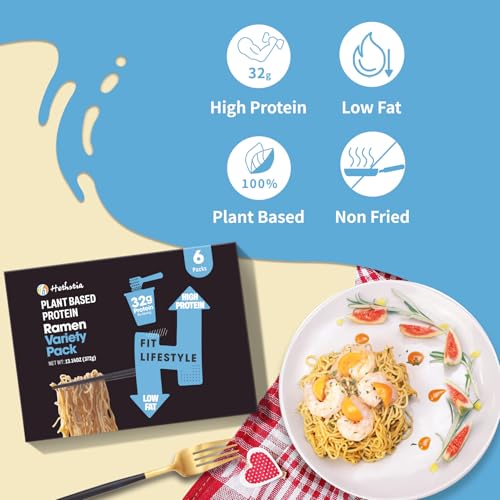 Image of Hethstia High Protein Ramen Variety Pack, 6-Pack Instant Vegan Noodle Soup Cups - Chicken, Beef, Spicy Curry, Kimchi - 32g Plant Protein, Non-Fried, Low Fat, Healthy Quick Meal