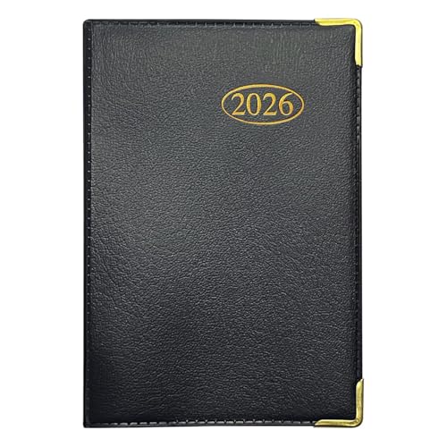 MantraRaj 2026 Week to View PVC Leather Effect Pocket Diary With Metal Corners Compact Planner with Hard Case Cover Conversion Tables and Organizational Tools - 11cm x 7cm - Black