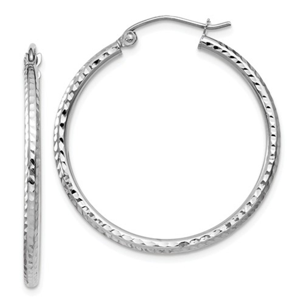 14k White Gold Diamond-Cut Hoop Earrings 2mm Tube