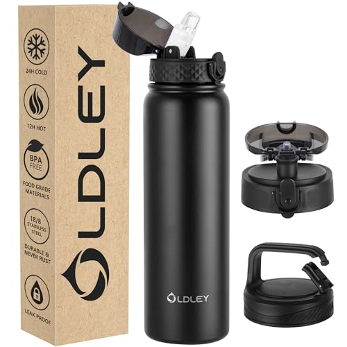 OLDLEY 1L Botella Agua Acero Inoxidable con Pajita, Aislada al Vacío Botellas Agua Metal, Prueba de Fugas, Mantiene las Bebidas Calientes y Frías para Bicicleta, Camping, Gimnasio con 3 Tapas