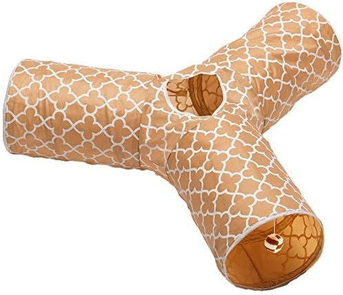 Prosper Pet Cat Tunnel - Collapsible 3 Way Quatrefoil Play Toy - Tube Fun for Rabbits, Kittens, and Dogs - Quatrefoil Brown/White