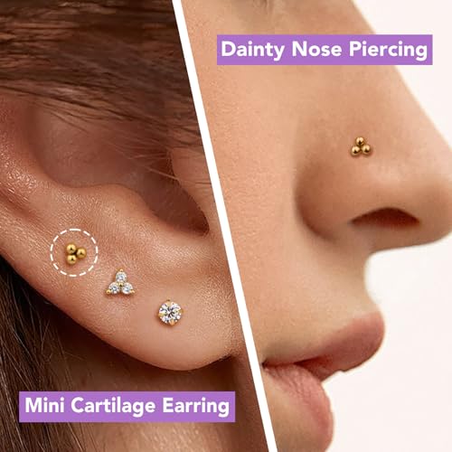 Flat Back Earrings for Women, Helix Tragus Conch Piercing Jewelry, Implant Grade Titanium Earrings, Threadless Nose Studs 18g, Hypoallergenic Cartilage Earring Stud Gold2