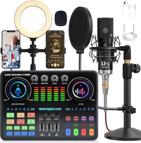 ALSO GO Podcast Equipment Bundle, WXH520 Podcast Microphone with Voice Changer, Dj20 Sound Card, Adjustable Stand Suitable for Pc/Phone Live Streaming Singing Gaming,Voice Changer, Denoise