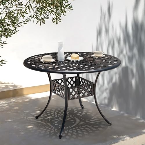 Image of NUU GARDEN 42 Inch Outdoor Round Dining Table Cast Aluminum Tabletop with 2.24 Inch Umbrella Hole Patio Garden Backyard Balcony, Black with Gold-Painted Edges
