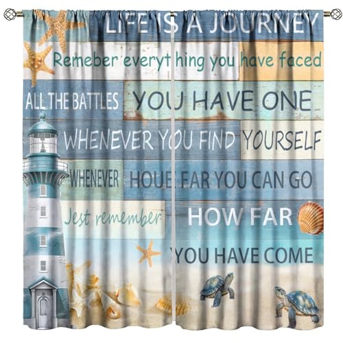 JanJCurt Nautical Lighthouse Curtains, Beach Ocean Turtle Starfish Seashell Drapes Rustic Vintage Wooden Coastal Sea Ocean Print Window Treatments for Bedroom Living Room 55" W X 63" L