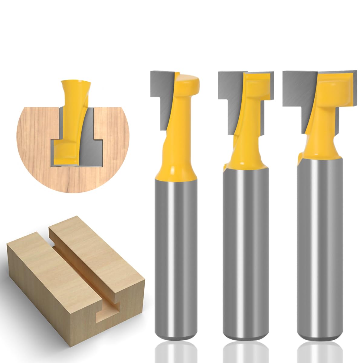 3 Piece 8mm Shank Keyhole Router Bit Set Slot Cutter T-Slot Hanging Moulding Tool for Woodwork Frames