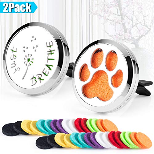 2 UNIDS Coche Aromaterapia Aceites Esenciales Difusor Ambientador 30mm Acero Inoxidable Negro Locket Vent Clip + 32 unids Almohadillas de Recarga (Estampado de Diente de león y Pata)