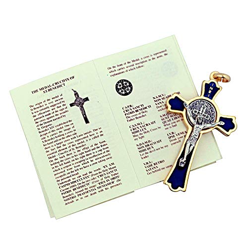 VILLAGE GIFT IMPORTERS 2" Small Saint Benedict Cross Pendant - 4 Styles - Works as Keychain or Necklace Charm - Christian Jewelry (Blue with Gold)