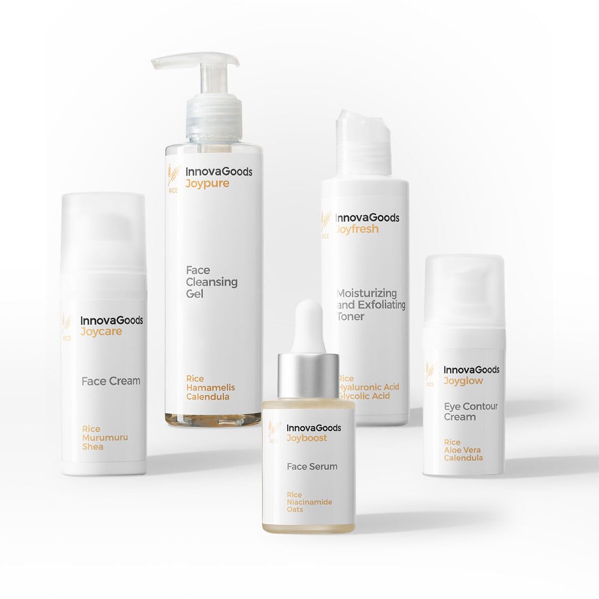 InnovaGoods Skincare Set, Feuchtigkeitscreme, Augencreme, Serum, Reinigungsgel, Gesichtswasser, natürliche Inhaltsstoffe, spendet Feuchtigkeit, hellt alle Hauttypen auf