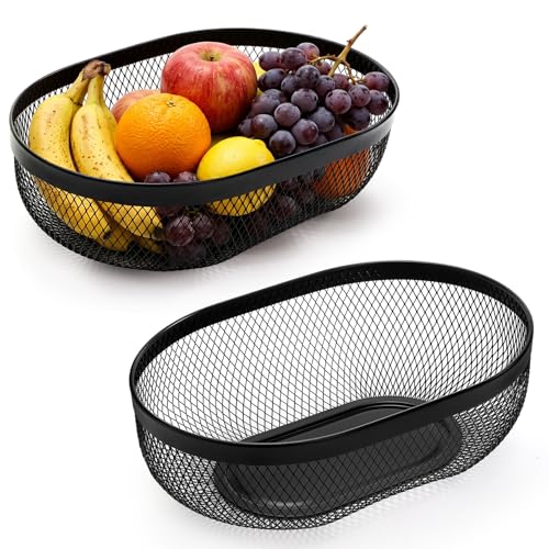 Coloch 2 Pack Metal Mesh Fruit Basket, Oval Metal Wire Storage Organizer for Countertop Black Decorative Vegetable Holder for Fresh Fruit, Veggie, Snacks, Bread, Picnic, Home Use