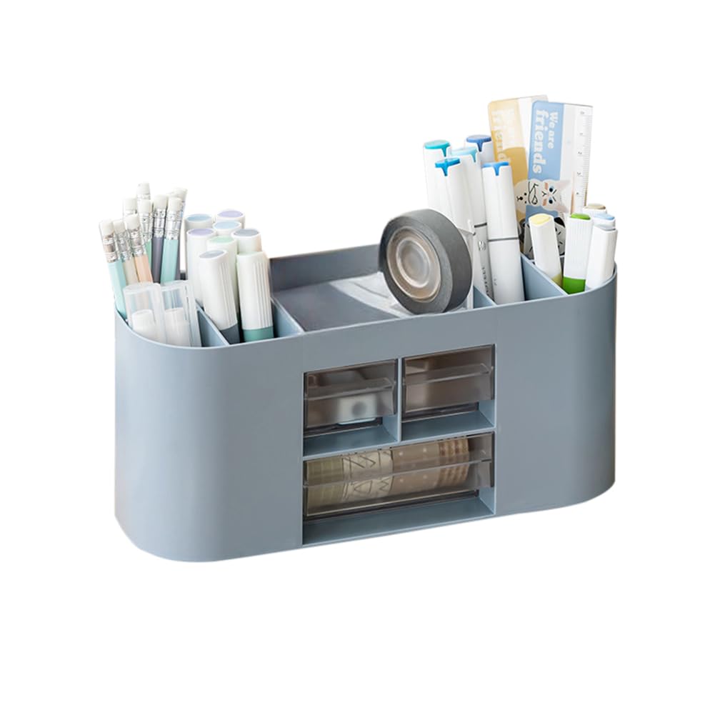 Cachpib Blue Desk Tidy Organiser With 3 Drawers, Table Organiser With 10 Compartments, Desktop Storage Pen Holder Pot For School Home Office,