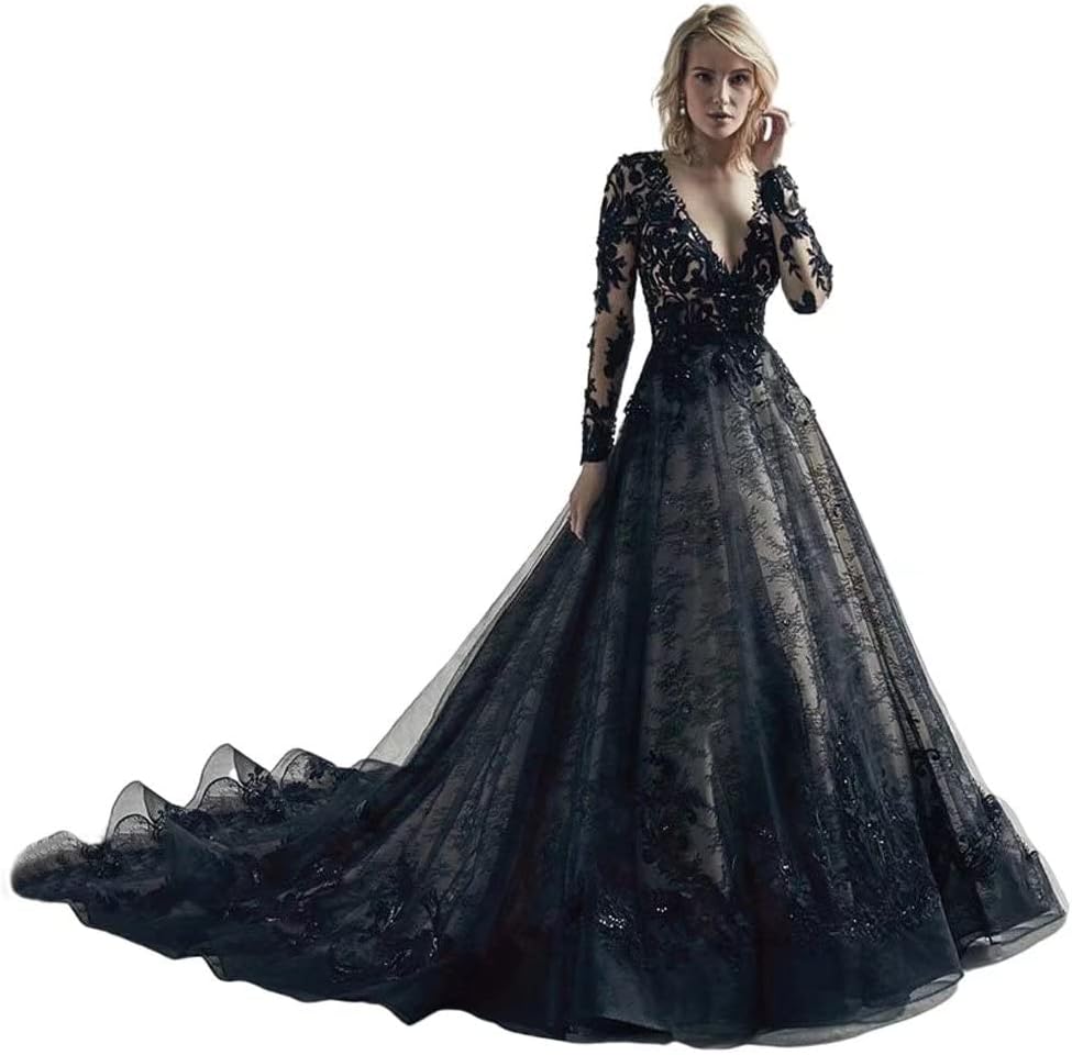 TRHTX Gothic Black Wedding Dresses for Bride Long Sleeve Bridal Gowns V Neck Lace Appliques Wedding Gowns with Train