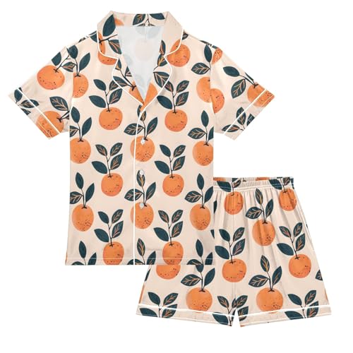 Cute Oranges Vintage Prints Summer Satin Pajama Set, Cute Button-Down Sleepwear Pj Set for Sleep Wears