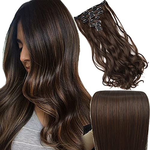 TOPREETY Wavy 20"130gr 7Pcs Full Head clip in hair extensions 16 clips (Dark brown mix Copper red #4A/27A)