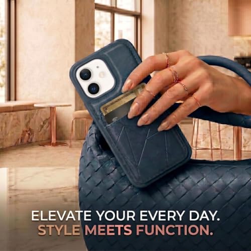 Image of amazon basics Premium Vegan Leather Back Cover with Card Holder and Integrated Mobile Stand for iPhone 11 - Slim Shockproof Wallet Case with Geometric Stitching [Blue]