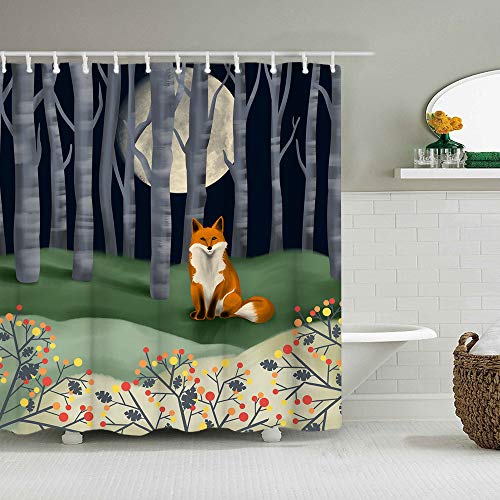 RnnJoile Fox Shower Curtain Forest Animal with Birch Tree Bath Curtain Deep Green Bathroom Decor with Hooks 72"×72" by RnnJoile - Used condition - US$14.63