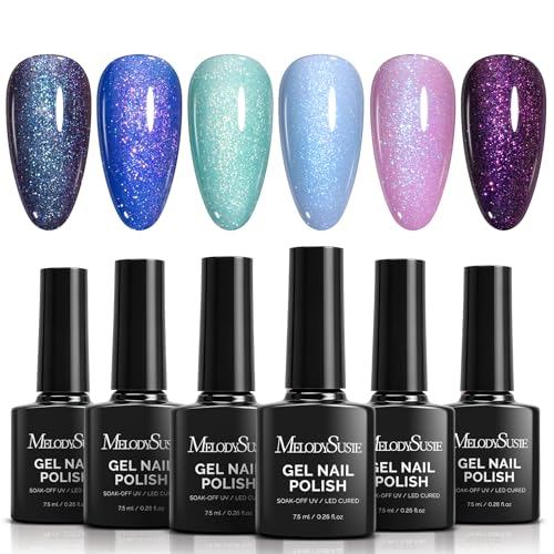Image of MelodySusie 7.5ML Glitter Gel Nail Polish Set, 6 Colors Chameleon Sparkle Gel Polish Kit Aurora Blue Purple Green Shimmer Gel Polish Gifts for Women Nail Art Manicure Salon DIY Nail Design at Home