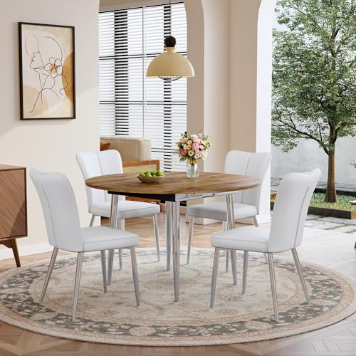 Image of Extendable Round Dining Table Set for 4, 42-54 inch Expandable Dining Table with 4 Upholstered Chairs, Engineered Wood Top, Space-Saving Round Kitchen & Dining Room Table Set(1 Table + 4 White Chairs)