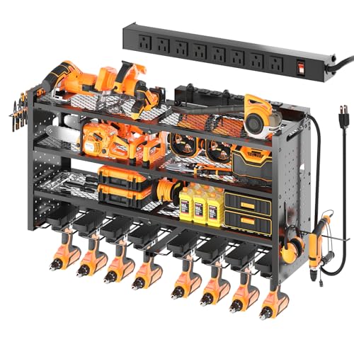 ROOMTEC 33" Wall-Mounted Power Tool Organizer for Garage, 4-Layer Heavy Duty Metal Tool Storage Rack with 8-Outlet Charging Station, Cordless Drill & Battery Organizer, Tool Holder for Workshop