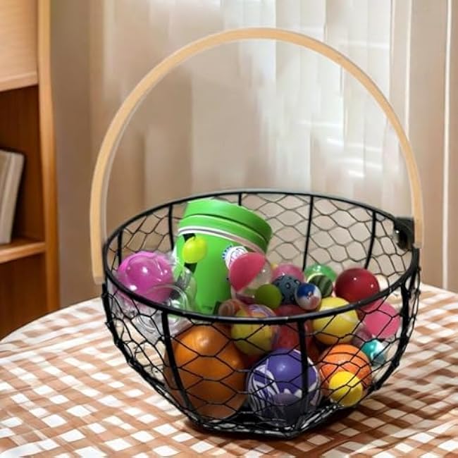 Stainless Steel Egg Basket with Rooster Lid - Non-Slip Base Oval Ventilated Wire Basket for Countertop, Multi-Purpose Fruit Vegetable Storage-Farmhouse Decor (Bamboo Handle)
