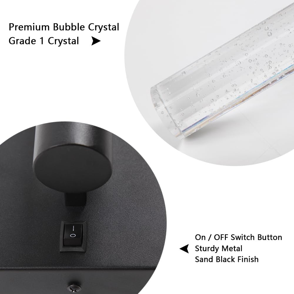 Plug in Wall Light, Crystal Bubble Wall Sconces,Black Wall Sconce with On/Off Switch, Modern Wall Lights Fixtures for Bedroom Living Room Bathroom Hallway LED 3000K 5W