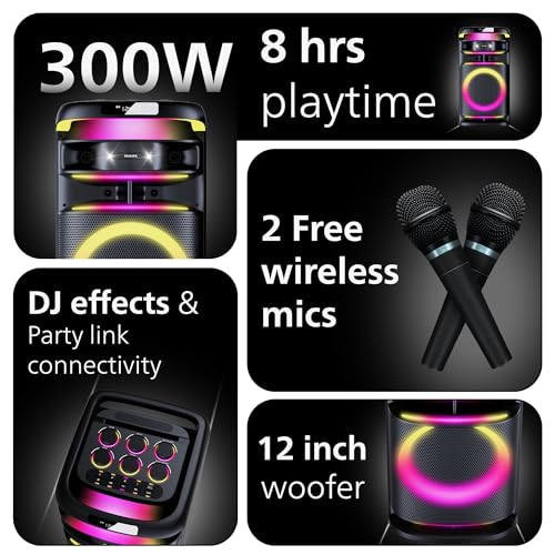 Image of PHILIPS TAX3004 300W Bluetooth Party Speaker with 2 Free Wireless Mic, Powerful Sound, Deep Bass, RGB Lights, LED Display, Portable Loudspeaker with USB, AUX, DJ Party Effects for House Party