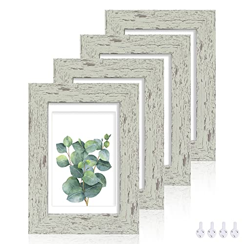 Hongkee 4x6 Picture Frame Set of 4, Made of Real Glass and Sage Green Wooden Frame, 4 by 6 Photo for Wall or Tabletop - Display Picture 3.5x5 with Mat or 4x6 Without Mat