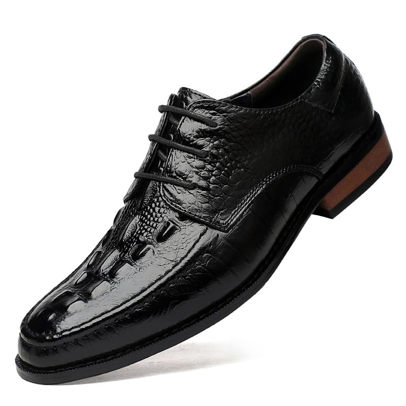 HOOENG Dress Shoes for Men Lace Up Round Burnished Toe Genuine Leather Crocodile Print Derby Shoes Anti-Slip Slip Resistant Block Heel Classic(Color:Black,Size:11)