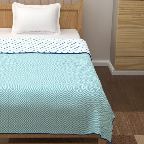 Image of Story@Home Dohar Single Bed 100% Cotton AC Blanket for Summer | 144x 220CM, 150GSM Ac Comforter and AC Blanket for Summer | White & Blue Leaf Pattern Reversible Duvet Quilt All-Season Blanket