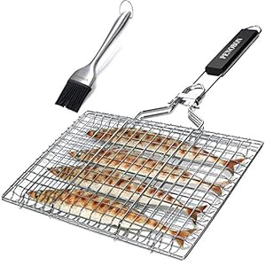 penobon Vis Grilling Mand, Opvouwbare Draagbare RVS BBQ Grill Mand voor Visgroenten Garnalen met Afneembare Handvat, Kom met Basting Brush en Opbergtas (A)